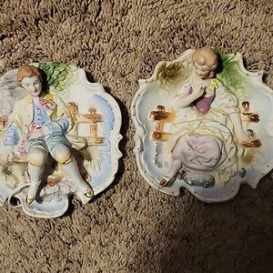 Porcelain Victorian Couple Wall Hangers Hand-Painted Floral Motif